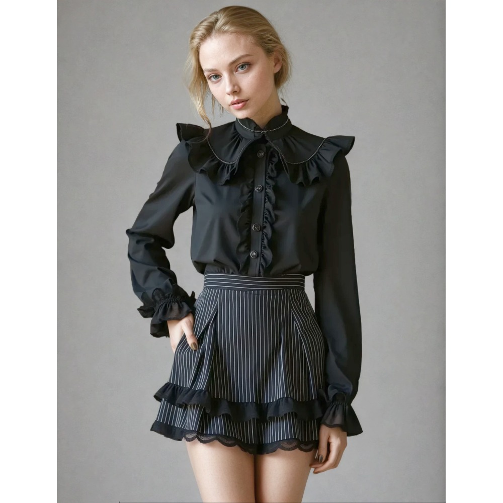 Attitude Corsets - Jenesse Pinstripe Kurzer Rock mit hoher Taille - Schwarz